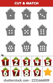 Educational game for kids count the dots on each silhouette and match them with the correct numbered gift box printable winter worksheet