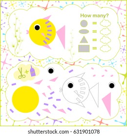 Educational game for kids. Count the geometric figures in the picture and write the right answer. Vector.