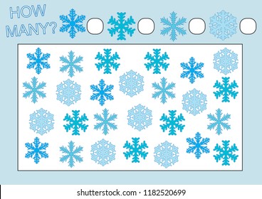 Educational game for kids. Count how many snowflakes. Vector illustration.