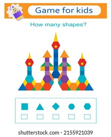 Educational game for kids. Count how many triangles, squares, rhombus, circles.