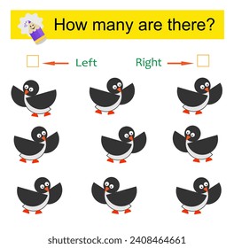 Educational game for kids. Count how many penguins are turned left and how many are turned right. 