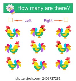 Educational game for kids. Count how many cartoon roosters are turned left and how many are turned right. 