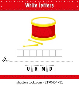 Educational game for kids. Crossword drum.Guess the word. Education developing worksheet. Learning game for kids. Activity page. 
