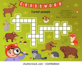 Educational game for kids. Crossword Forest animals. Kids activity sheet, 