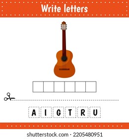 Educational game for kids. Crossword Guitar. Musical instrument. Guess the word. Education developing worksheet. 