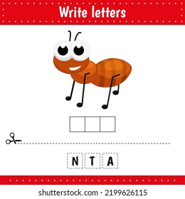 Educational game for kids. Crossword. Insect. Ant. Guess the word. Learning game for kids. Activity page. 