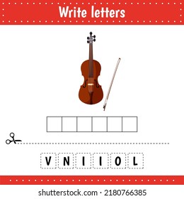 Educational Game For Kids. Crossword Music Instrument. Guess The Word. Violin. Education Developing Worksheet. 