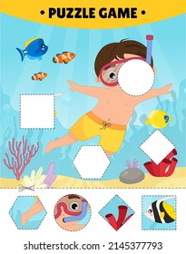 Educational game for kids. Cut out the pieces and glue them in the right place. The study of geometric shapes. Puzzles for preschoolers. Illustration of a cute boy is snorkeling.
