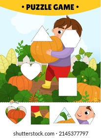 Educational game for kids. Cut out the pieces and glue them in the right place. The study of geometric shapes. Puzzles for preschoolers.
Illustration of a cute boy holding a pumpkin in his hands.

