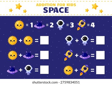 Educational game for kids. Cute math game with space elements.Addition for kids. Printable game.Educational activity worksheet.Illustration for kids books and workbooks.Logical quest for children.Vector illustration
