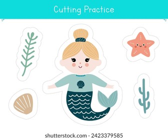 Educational game for kids. Cutting activity worksheet for kids with a cute mermaid. Preschool resource