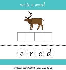 Educational game for kids. deer image. Guess the word. Educational development worksheet