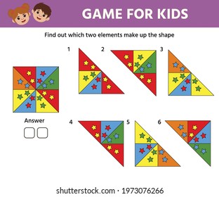 Educational game for kids for development of logic iq. Find out which two elements make up shape. Worksheet for children. Activity for presсhool years kids and toddlers