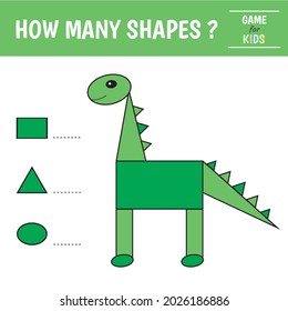 Educational game for kids. Dinosaur of geometric shapes. Count  ovals, triangles and rectangles. Preschool worksheet activity. Vector illustration