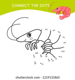 Educational game for kids. Dot to dot game for children. Cartoon shrimp.