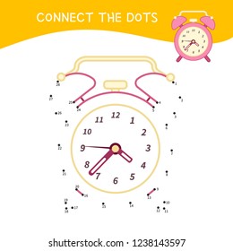 Educational game for kids. Dot to dot game for children. Cartoon alarm clock.