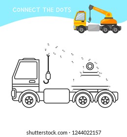 Educational game for kids. Dot to dot game for children. Cartoon truck crane.