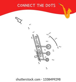 Educational game for kids. Dot to dot game for children. Cartoon saxophone.
