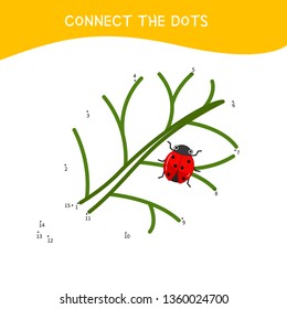 Educational game for kids. Dot to dot game for children. Cartoon leaf with ladybug.