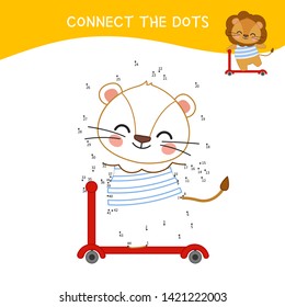Educational game for kids. Dot to dot game for children. Cartoon cute lion.