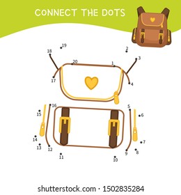 Educational game for kids. Dot to dot game for children. Cartoon brown backpack.