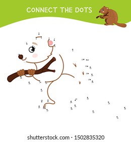 Educational game for kids. Dot to dot game for children. Forest animals. Cartoon cute beaver.