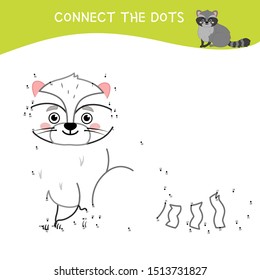 Educational game for kids. Dot to dot game for children. Cartoon cute raccoon. Forest animals.