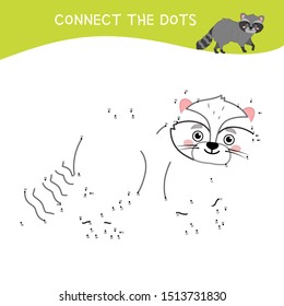 Educational game for kids. Dot to dot game for children. Cartoon cute raccoon. Forest animals.