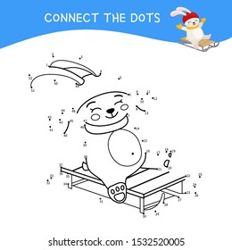 Educational game for kids. Dot to dot game for children. Cartoon cute bunny is skiing. Winter collection.
