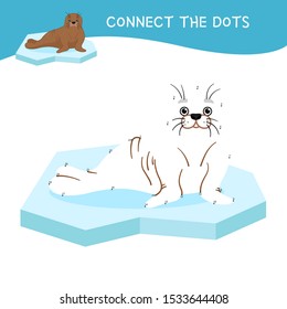 Educational game for kids. Dot to dot game for children. Cartoon cute little walrus.