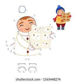Educational game for kids. Dot to dot game for children. Cartoon cute boy holds gingerbread.

