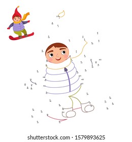 Educational game for kids. Dot to dot game for children. Illustration of a cute boy snowboarding. Winter activities.
