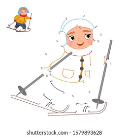 Educational game for kids. Dot to dot game for children. Illustration of a cute girl is skiing. Winter activities.
