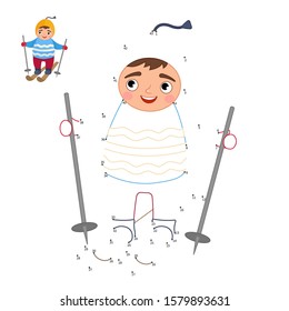 Educational game for kids. Dot to dot game for children. Illustration of a cute boy is skiing. Winter activities.
