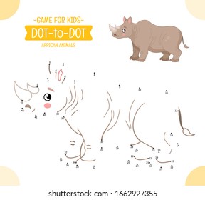 Educational game for kids. Dot to dot game for children. African animals. Cartoon cute  rhinoceros