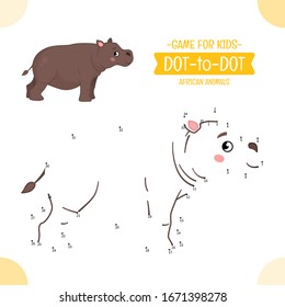 Educational game for kids. Dot to dot game for children. African animals. Cartoon cute  hippo