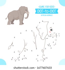  Erziehungsspiel für Kinder. Dot to dot game für Kinder. Afrikanische Tiere. Cartoon cute Elefant