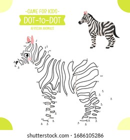 Educational game for kids. Dot to dot game for children. African animals. Cartoon cute  zebra.