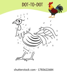 Educational game for kids. Dot to dot game for children. Farm animals. Cock.