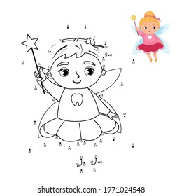 Educational game for kids. Dot to dot game for children. Cartoon illustration of cute tooth Fairy.
