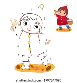 Educational game for kids. Dot to dot game for children. Illustration of cute girl with a basket of mushrooms
