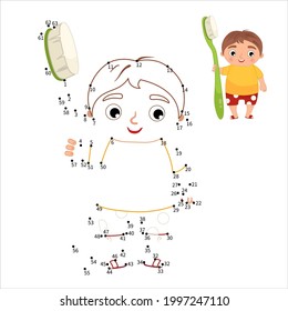 Educational game for kids. Dot to dot game for children. Illustration of cute boy holding a toothbrush.