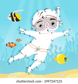 Educational game for kids. Dot to dot game for children. Illustration of cute diving boy.