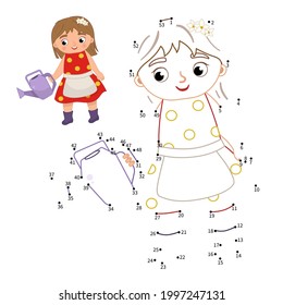 Juego educativo para los niños. Juego punto a punto para niños. Ilustración de una linda chica con una lata de agua.