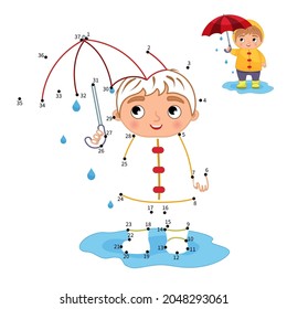 Educational game for kids. Dot to dot game for children. Cute cartoon boy with umbrella.