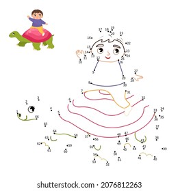 Educational game for kids. Dot to dot game for children. Cute boy rides a turtle.
