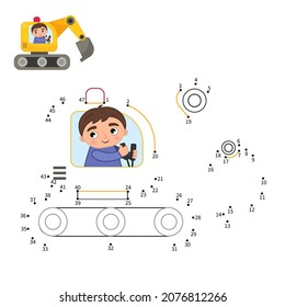 Educational game for kids. Dot to dot game for children. Cute boy rides an excavator.
