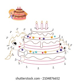 Educational game for kids. Dot to dot game for children. A cute girl is hiding behind the cake.
