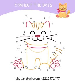 Educational game for kids. Dot to dot game for children. Cartoon illustration of cute toy cat.