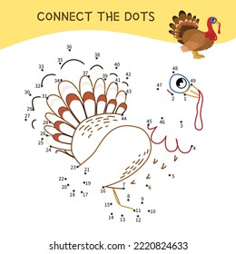 Educational game for kids. Dot to dot game for children. Cartoon illustration of cute turkey.